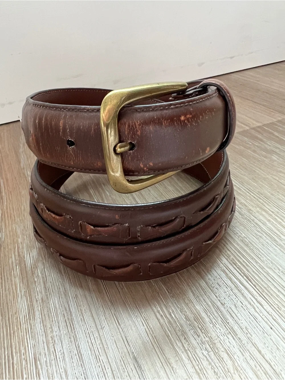 Vintage Full Grain Cowhide Leather Belt Solid Brass Buckle Size 43 men’s brown